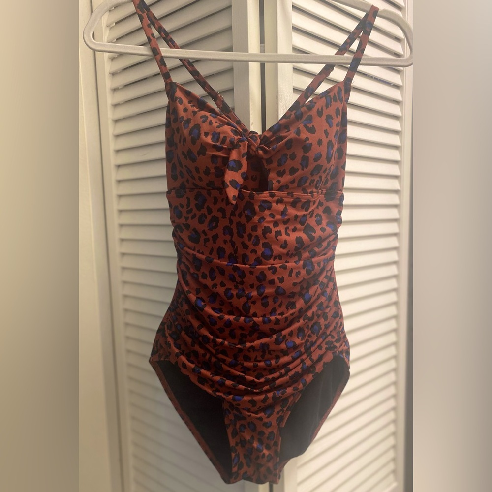Brown cheetah print one-piece bathing suit.